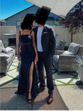 Navy Sa Evening Gown with Sheer Bodice and Thigh Slit